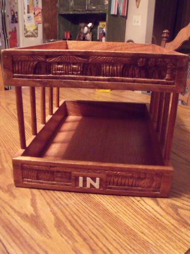 Vtg handcarved philippines wooden desk tray 2 tiers letter organizer den in/out for sale