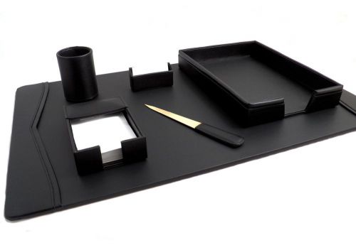6p Black Leather Desk Set Pad - College Executive Office Gift -WE SHIP WORLDWIDE