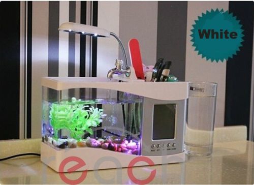 Usb desktop aquarium mini fish tank water pump light calendar alarm clock white for sale