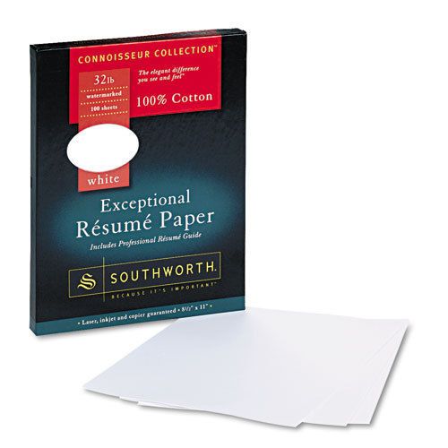100% Cotton Resume Paper, White, 32 lbs., 8-1/2 x 11, Wove, 100/Box