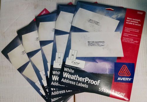 *Lot of 5* Avery 5510 White WeatherProof Laser Labels - 1&#034; x 2 5/8&#034; - 750 Labels