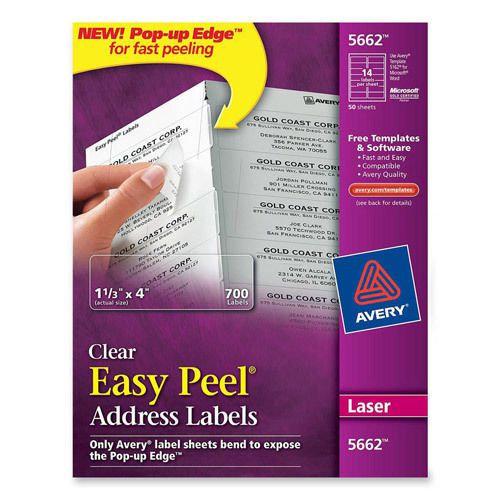 AVERY® Easy Peel 5662 CLEAR ADDRESS LABELS (700) Laser 1 1/3&#034; x 4&#034; ~ NEW STOCK