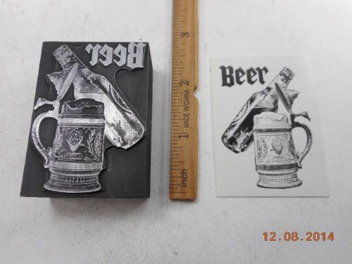Letterpress Printing Printers Block, Beer, word w Tipped Bottle &amp; Foamy Stein