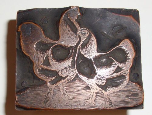 1800s a zeese foundry letterpress copper on wood printing block rooster hen rare for sale