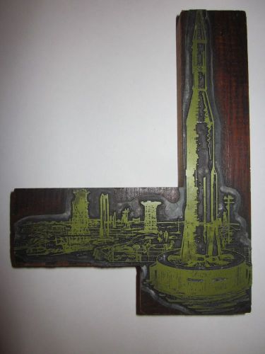VINTAGE LEAD PRINTING BLOCK OF ROCKET LAUNCH - GREAT GRAPHICS