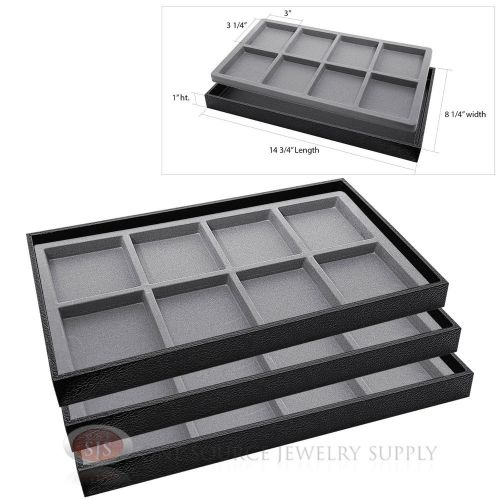 3 Wooden Sample Display Trays 3 Divided 8 Compartment Gray Tray Liner Inserts