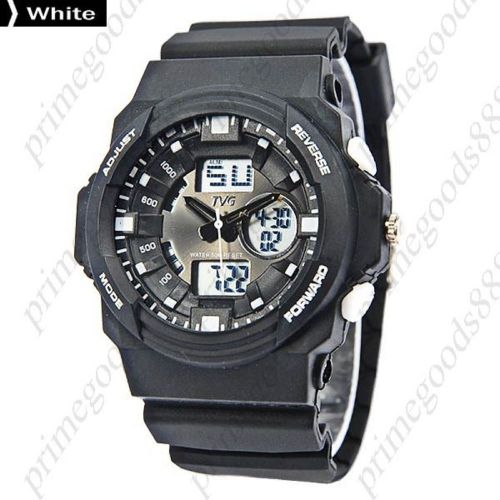 2 Time Zone Zones Black Rubber Band Date Analog Quartz Men&#039;s Wristwatch White