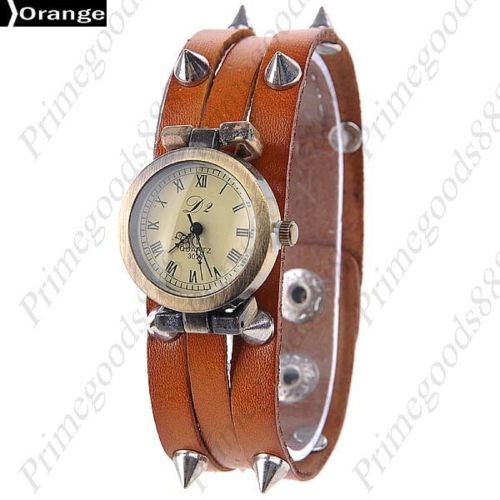 Metal Rivets PU Leather Quartz Wrist Lady Ladies Wristwatch Women&#039;s Orange