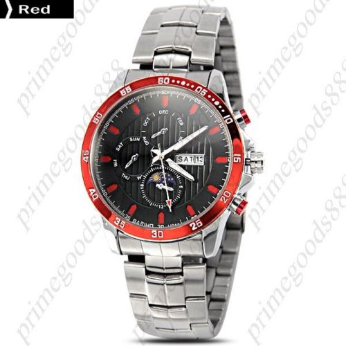 Stainless Steel Sub Dials Date Analog Quartz Men&#039;s Wrist Wristwatch Red