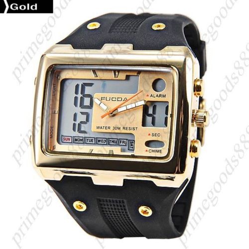 Square rubber analog digital quartz alarm stopwatch date men&#039;s wristwatch gold for sale