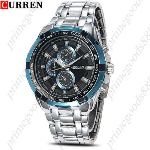 Silver stainless steel quartz analog wrist free shipping men&#039;s wristwatch blue for sale