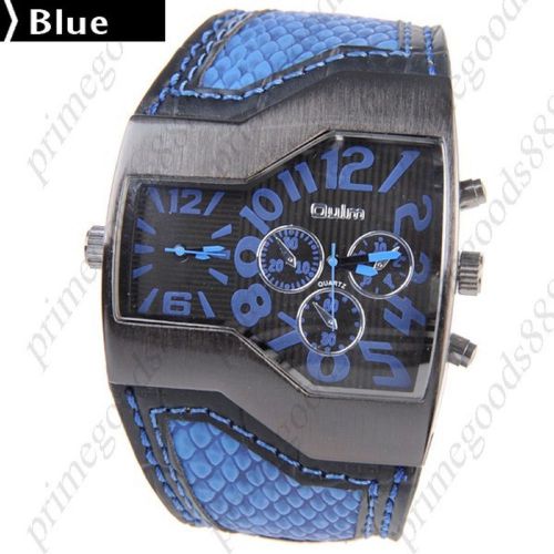 Dual Time Display Quartz Wrist Synthetic Leather Band Men&#039;s Free Shipping Blue