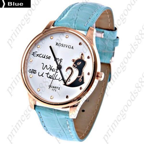Cat Round Case PU Leather Quartz Wrist Wristwatch Free Shipping Women&#039;s Blue
