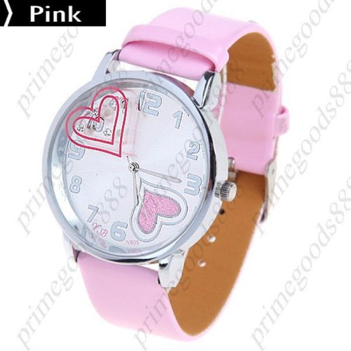 Heart Dial Face Synthetic Leather Strap Quartz Wrist Wristwatch Women&#039;s Pink