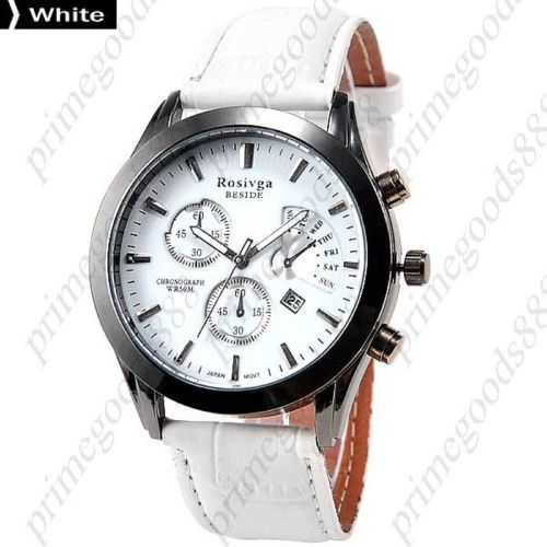 Genuine leather band analog quartz 3 false sub dials men&#039;s wristwatch white for sale
