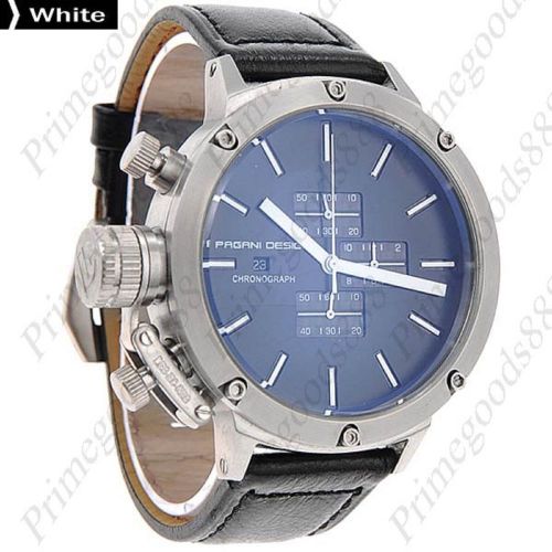 High End Silver Case Leather Quartz Sub Dial Date Men&#039;s Wrist Wristwatch White