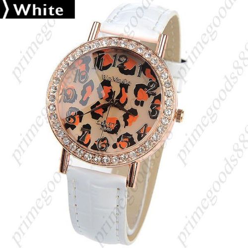 Round Leopard Rhinestone Quartz Wrist Wristwatch Free Shipping Women&#039;s White