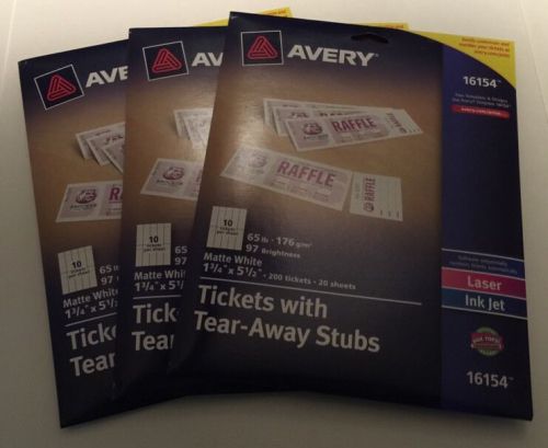 Three Sets Avery 16154 Printable Tickets,Microperf,w/stubs,1-3/4&#034;x5-1/2&#034;,200/PK