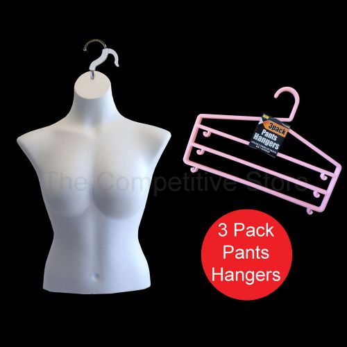 White Female Busty Torso Mannequin Form for M Sizes + 3 Free 3 Bar Pants Hangers