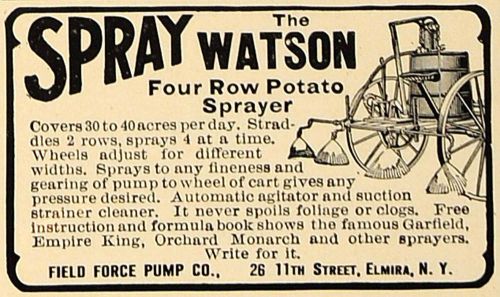 1907 ad watson 4 row potato sprayer field force pump - original advertising cl4 for sale