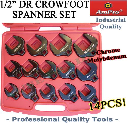 Ampro 1/2&#034; dr crowfoot wrench 14pc set chrome molybdenum high quality tools for sale