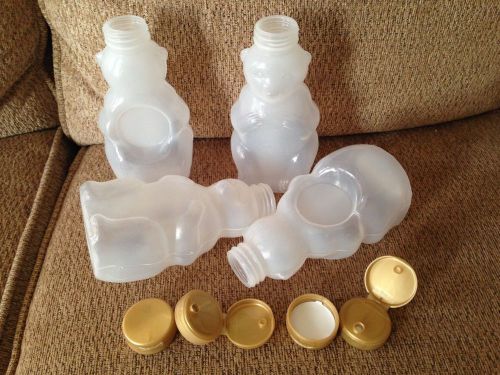 Plastic honey bear bottles (4), gold flip top safety seal lids, large 16 oz for sale