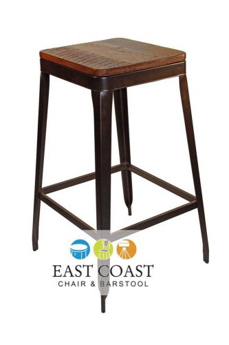 New simon steel backless bar stool w/ antique rust finish &amp; reclaimed wood seat for sale
