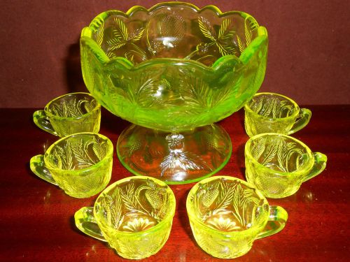 Vaseline uranium glass childs punch bowl set strawberry yellow childrens tea art