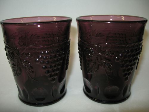 pair of purple amethyst glass grape and cable tumblers cups / wine goblets black