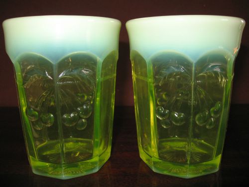 pair of Vaseline Opalescent glass cherry cable tumblers cups goblets uranium art
