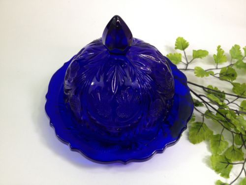Cobalt Blue Glass inverted thistle Pattern domed covered Butter dish round pound