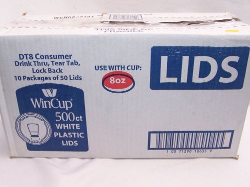 WinCup DT8 Drink Thru Tear Tab Lock Back White Plastic Lids 500 Count 8 oz. #D12
