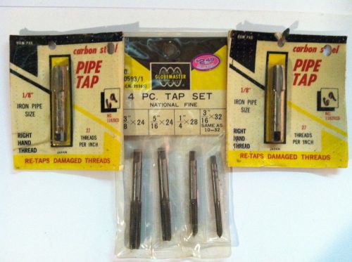 4 pc. tap set (globemaster) &amp; two pipe taps 1/8&#034; iron pipe size all still in pkg for sale