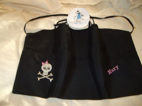 Black server waiter waitress waist apron skull with bow name embroidered free for sale