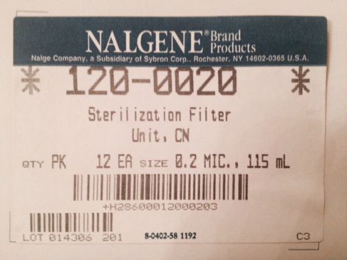 Nalgene 120-0020, Sterilization Flter Unit,CN, 8 each size 0.2mic, 115mL, 8pc.