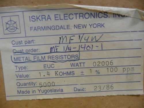 ISKRA Resistors  Metal Film  1.4K ohm  1/4 Watt  5K reel  NOS