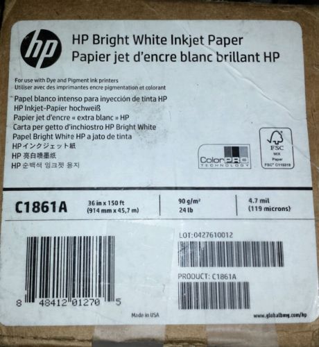 HP C1861A  Bright White Inkjet Paper, 36&#034;x150&#039; Roll, 24lb 90g/m 4.7mil