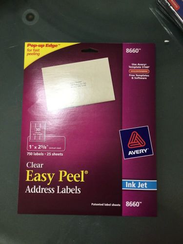 SEALED Avery 8660 Ink Jet Clear Easy Peel Address Labels 1&#034; x 2 5/8&#034; 750 Labels