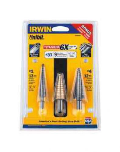 Irwin brand unibit 3 piece step titanium drill set 15504sm #1 #3t #4 new  ($104) for sale