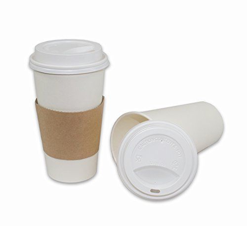 2dayShip White Paper Hot Coffee Cups with Lids and Sleeves, White, 20 Ounces, 25