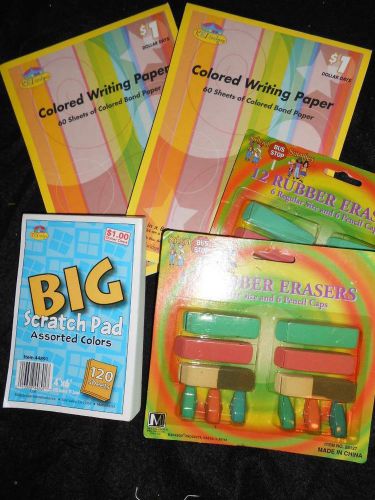 3 Assorted multi color note scratch pads drawing paper &amp; 2 pks 12 erasers