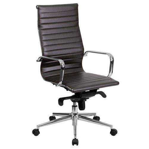 Office Desk Brown PU Leather Ribbed Tall Executive Chair High Back Contemporary