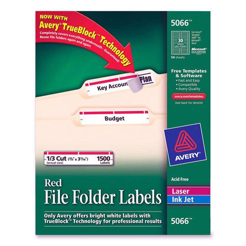 NEW Avery 5066 File Folder Labels, TrueBlock, Laser/Inkjet, Red, 1800/Box