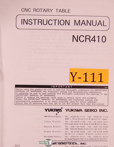 Yukiwa Seiko NCR410, CNC Rotary Table, Instructions Mnaual 2000