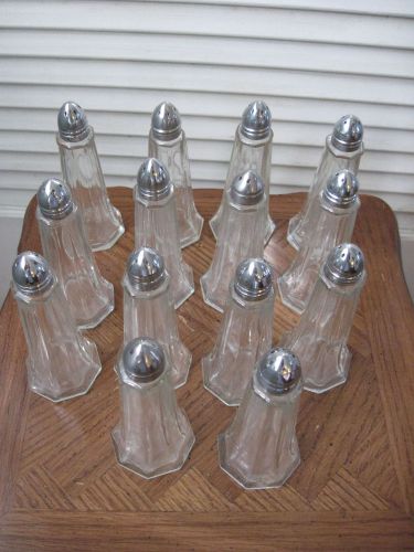 Lot of 14 Vintage Ribbed Clear Glass Salt Shakers, Diner Style, Made in USA