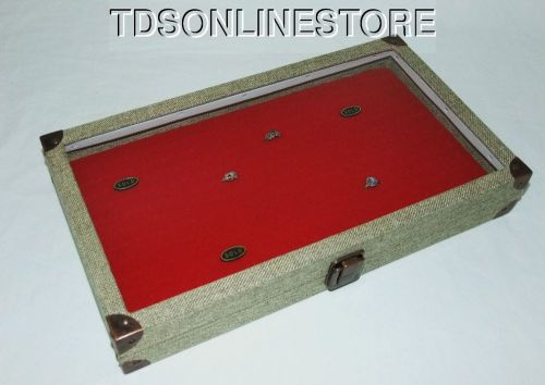 Burlap covered glass top jewelry display case for 144 rings red insert for sale