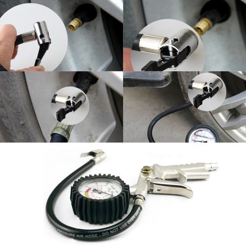 220 PSI Lock On Tire Inflator with Air Pressure Gauge Pistol Chuck Flexible Hose