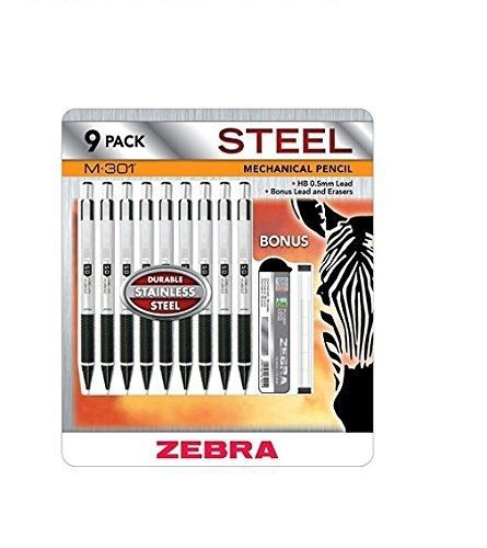 Zebra Steel Mechanical Pencil 9 Pack M-301 Bonus Lead and Erasers