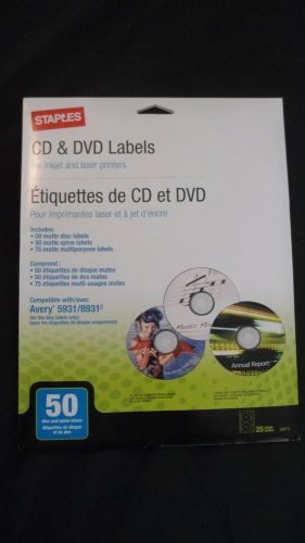 Brand New Staples CD &amp; DVD Labels 50 Disc &amp; Spine Labels 75 Multipurpose Labels