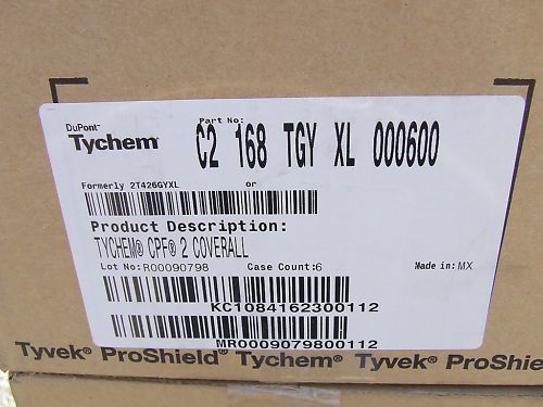 DUPONT Tychem CPF 2 Coverall Sz XL C2168TGYXL000600